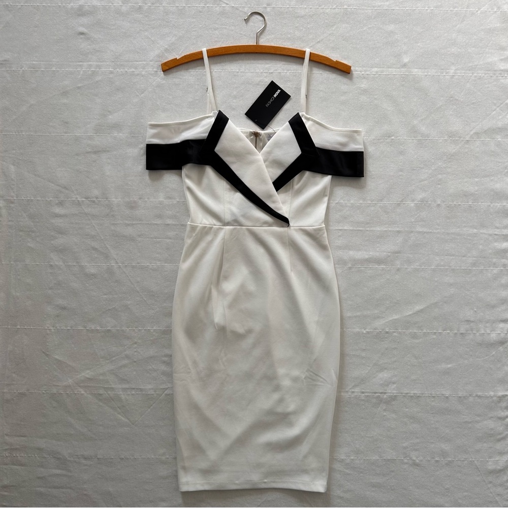 Fashion Nova White One-Shoulder Sheath Dress with Black Accents